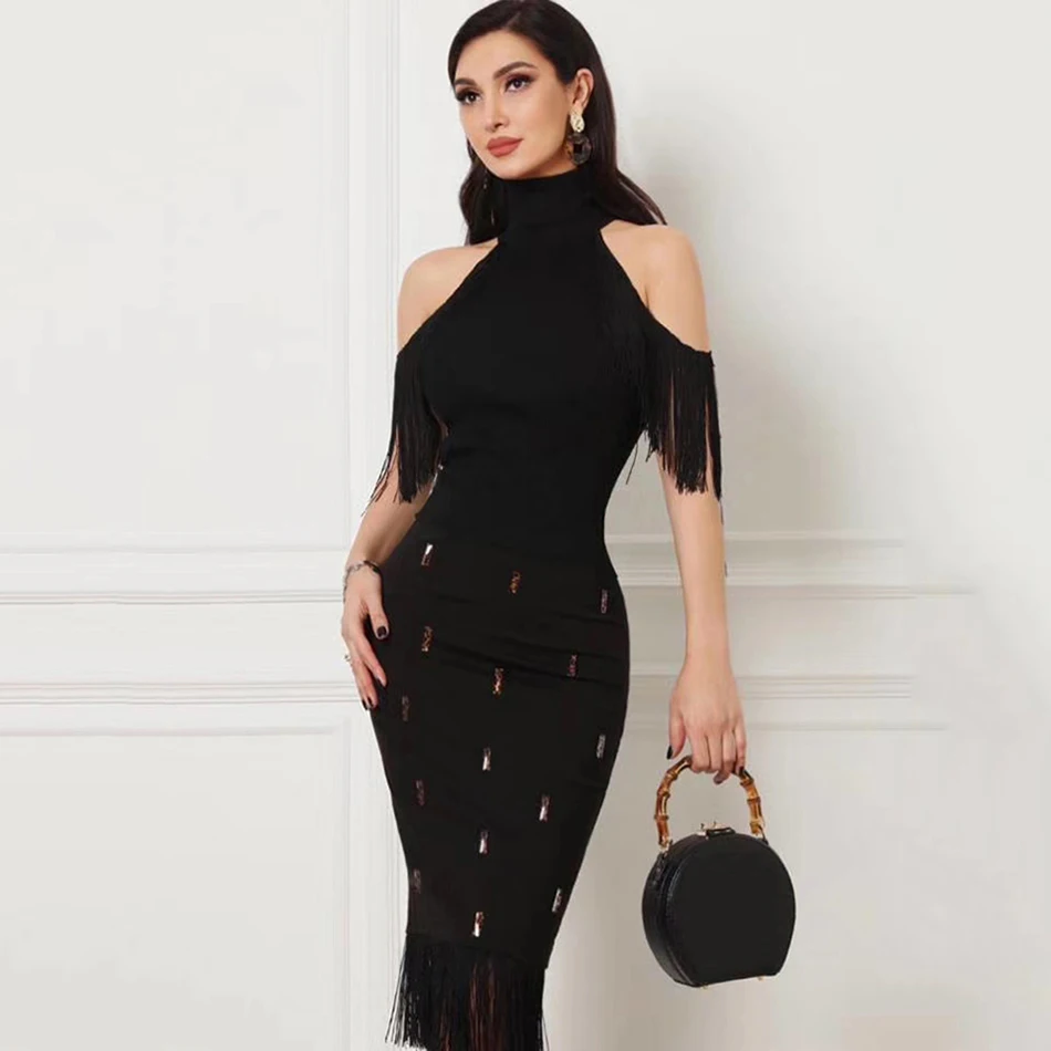 Amily. c, новое летнее женское Бандажное платье с бахромой, Vestidos, сексуальное, без рукавов, без бретелек, бодикон, Клубное, миди, вечерние платья знаменитостей