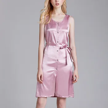 

Women Summer Pajamas Button Round Neck Long Nightwear Bathrobes Simulation Silk Pajamas Home Sleepwear Ap4