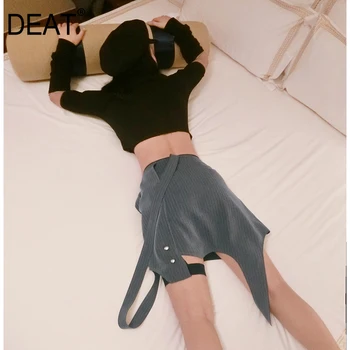 

DEAT 2020 New Summer Fashion Casual Solid Zipper High Waist Strap Buckle High Waist Irregular A Line Hip Skirt Women SD581