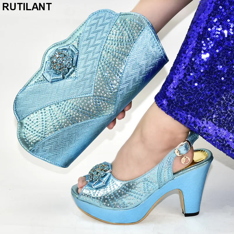 

New Sky Blue Color Shoe and Bag Set for Party In Women Spring Shoes Platform Women African Wedding Italian Shoe and Bag Sets