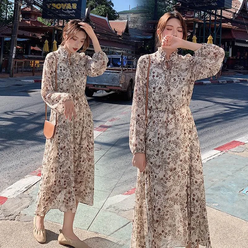 

Photo Shoot INS French Long Bow Lace-up Stand Collar Very Fairy of A- line Floral-Print Chiffon Waist Hugging Dress Female Sprin