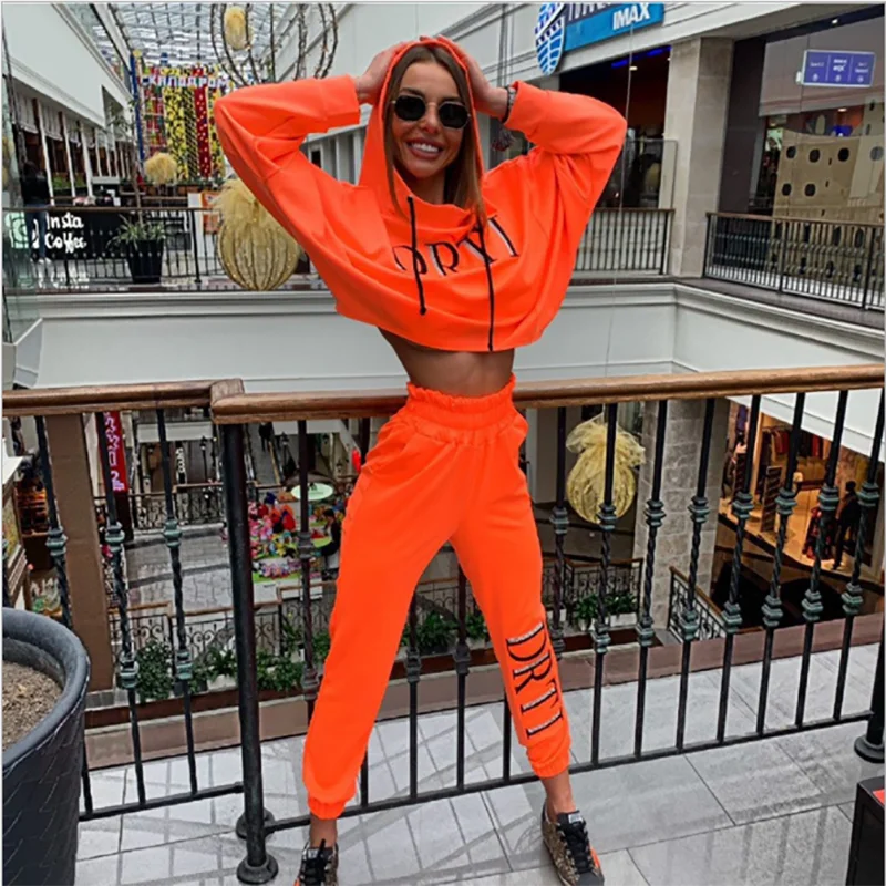 

Europe And The United States Autumn 2020 New Women's Fashion Hooded Letter Sports Suit Long Sleeve Two Piece Set