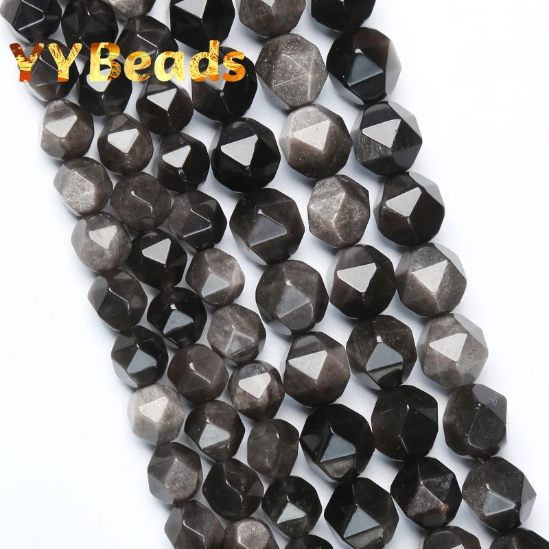 

Faceted Natural Silver Color Obsidian Stone Beads 8mm 10mm Smooth Spacer Beads For Jewelry Making DIY Charm Bracelets 15" Strand