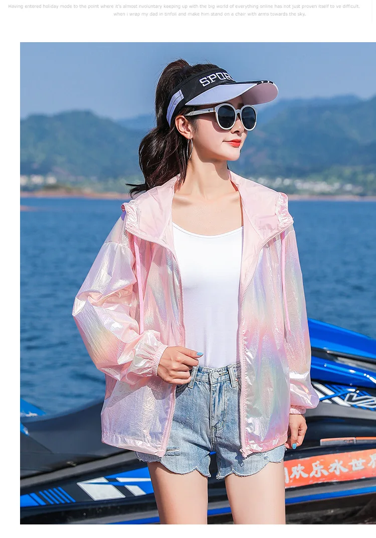 YUANYUANJYCO summer thin woman jacket reflective colorful zipper hooded long sleeve fashion white pink jackets for women coats