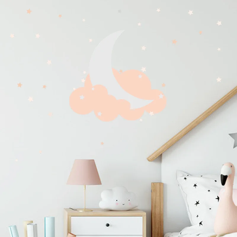 Gray Moon And Pink Cloud Star Wall Sticker Cartoon Wallpaper For Baby Room Decoration Creative Removable Kindergarten Mural | Дом и сад