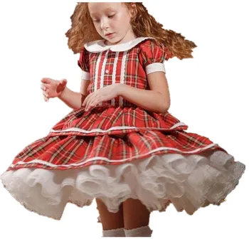 

Baby Children Toddler Boutique short Sleeve Red Plaid ball gown dress Vintage Spanish lolita Dress Girl Party Christmas