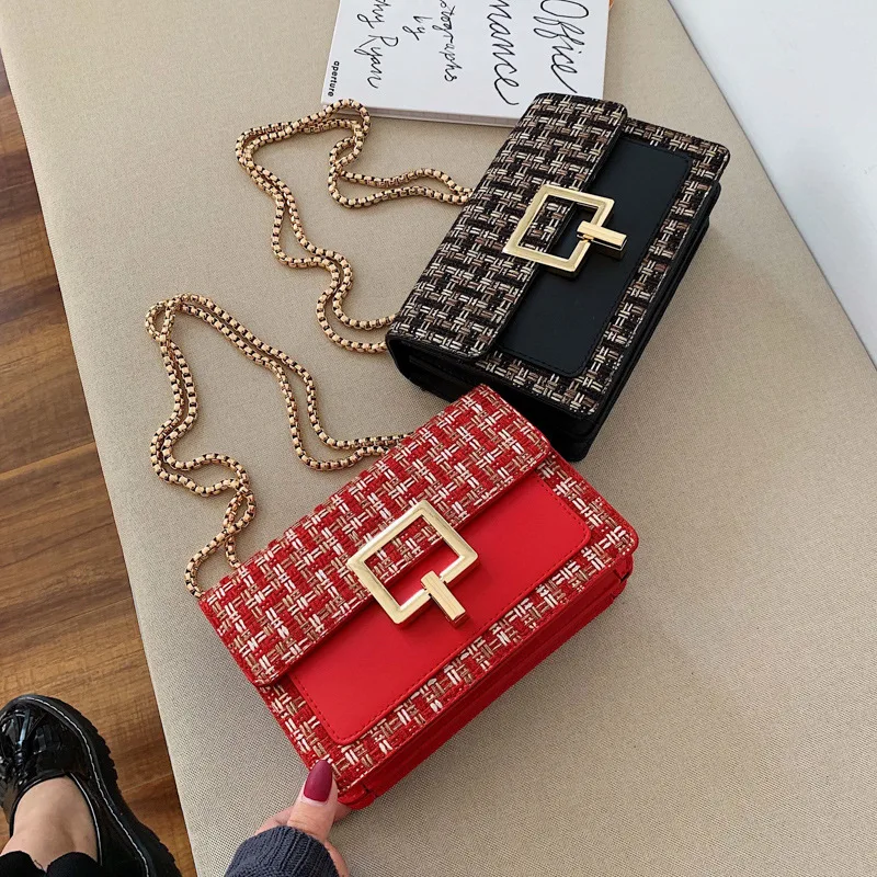 

Creative WOMEN'S Bag 2019 Autumn And Winter New Style Cotton Linen Plaid Stitching Square Sling Bag Woolen Chain Shoulder Bag Wo
