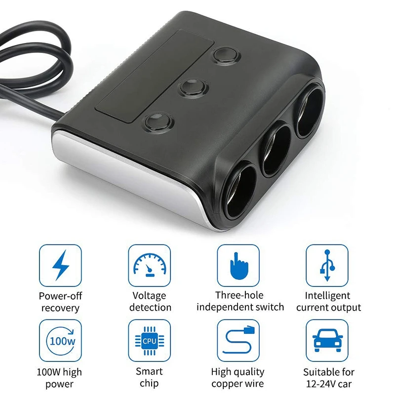 Разветвитель Прикуривателя с 3 розетками 100 Вт 12 В/24 В С 4 USB портами|Зажигалка| |