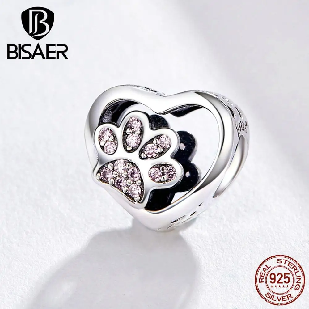 

BISAER Animal Love Beads 925 Sterling Silver Dog Cat Footprints Charms fit Pink Zircon Bracelets DIY Jewelry Making ECC1191