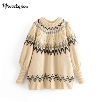 

Huaxiafan Women sweater Retro Jacquard Loose Knit Sweater Women Long Lantern Sleeve Patchwork Pullover Ladies Jumper female
