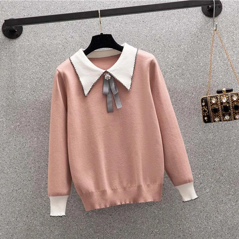 

2020 Plus Size 4XXL Women's Sweater Bow Autumn Winter New Lapel Knitted Top Black Pink Fashion Clothes Elegant Female Sweater