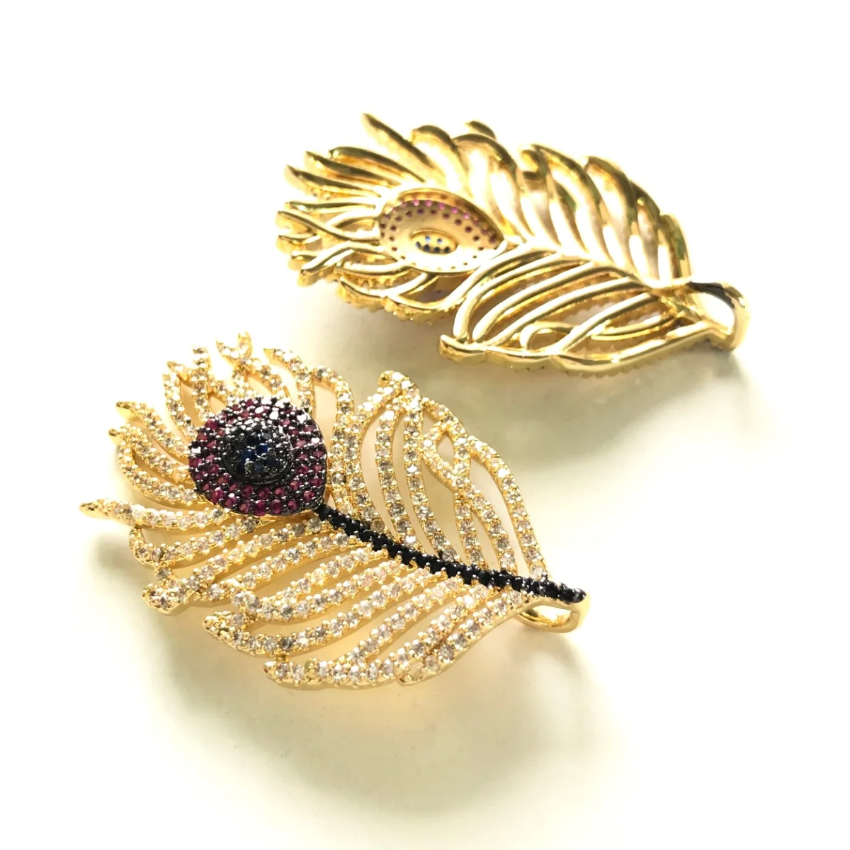 5pcs Colorful Zirconia Pave Peacock Feather Charms Pendant Women Bracelet Necklace Making Handmade Jewelry Accessories Wholesale