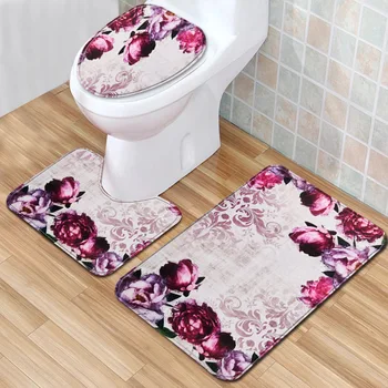 

Toillete Seat Cover In Bath Mat Floral 3D Carpet Bathroom Rugs and Mat Set Kitchen Bedroom Doormat Anti Slip Blanket Foot Pad