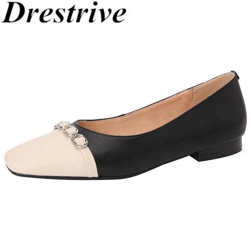 

Drestrive 2022 New Women Flats Cow Split Leather Square Toe Patchwork Chain Shallow Low Heels Spring Casual Shoes Dress