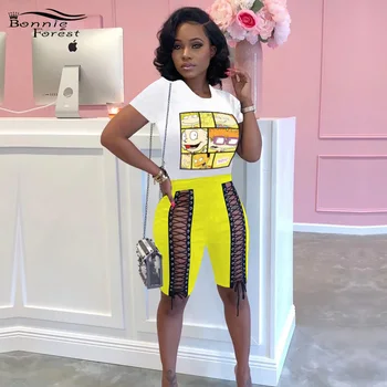 

Bonnie Forest Women Cartoon Printed Tracksuit Matching Sets Fashion Short Crop Top And Lace-Up Shorts Suit Rave Festival Outfits