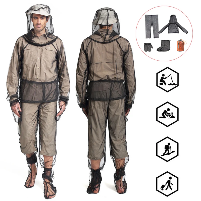 Mesh Hooded Mosquito-Proof Suit Outdoor Fishing Adventure Insect-proof Clothing Set Camping Hiking Anti-Mosquito Bite Clothes