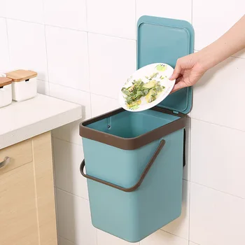 

2018 New Fashion Simple Kitchen Hanging Waste Bin Covered Trash Cans Solid Color Portable Wall Mounted Garbage Cans Container