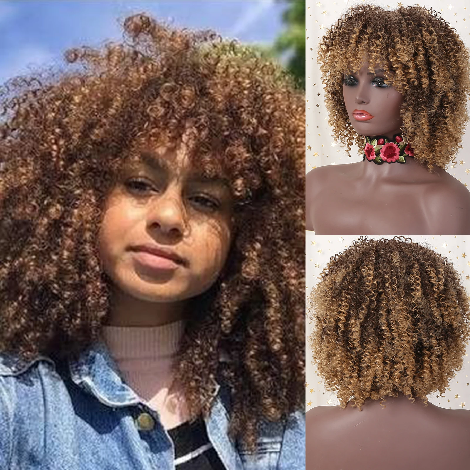 

LVHAN High Temperature Afro Kinky Curly Wig With Bangs Short Synthetic Wigs For Black Women Omber Brown Glueless Cosplay Hair