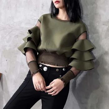 

Ruffles Long Sleeve Women Blouse 2020 Korean Gothic Fashion Mesh See Through Round Neck Falbala Short Female Tops Chic Shirts