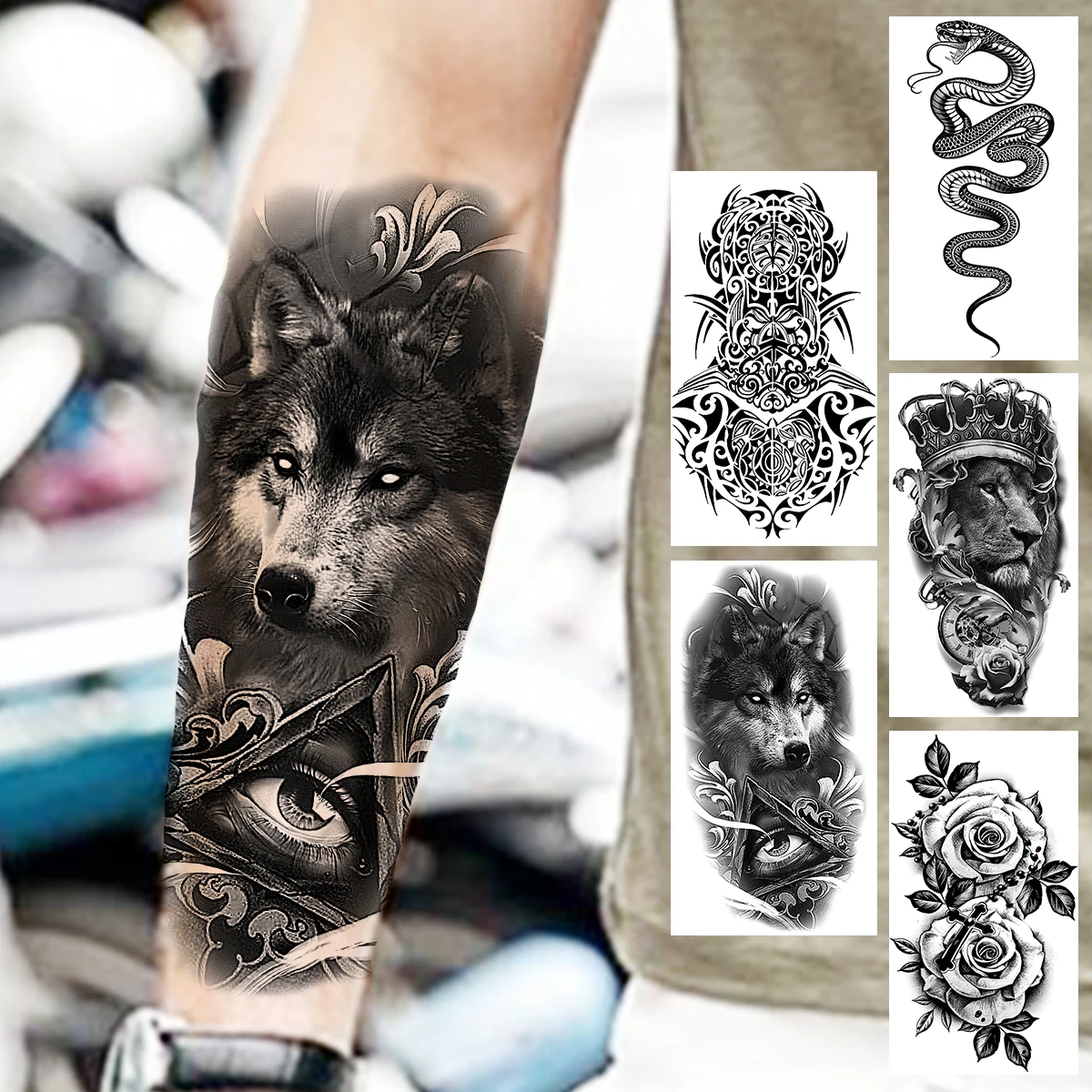 Tatouage Tete De Loup Realiste Faux tatouage temporaire œil de loup noir pour hommes et femmes,  autocollant réaliste serpent Lion fleur épines, avant bras, offre spéciale  | AliExpress