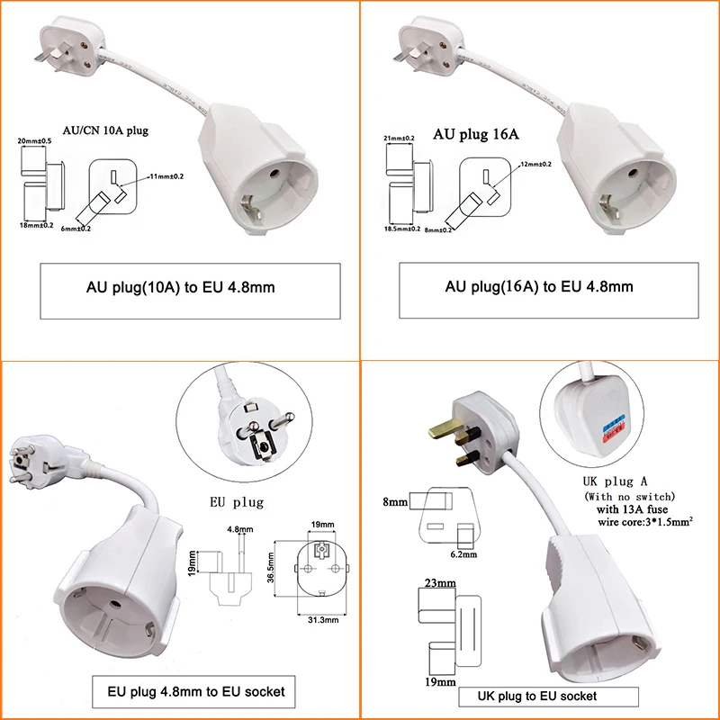 EU UK AU US to EU Power Extension Cord Male Plug to Female Socket Travel Adapter Power Cable Conversion For 3000W