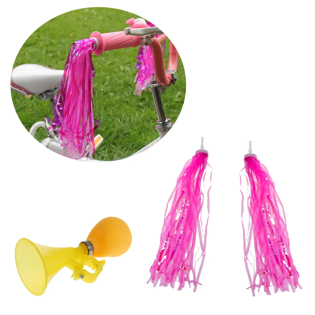 Classical Ring Horn Safety Kids Bike Scooter Alarm Bell + Kids Handlebar Streamers Girls Childrens BMX Trike Pom Poms Bike Pink