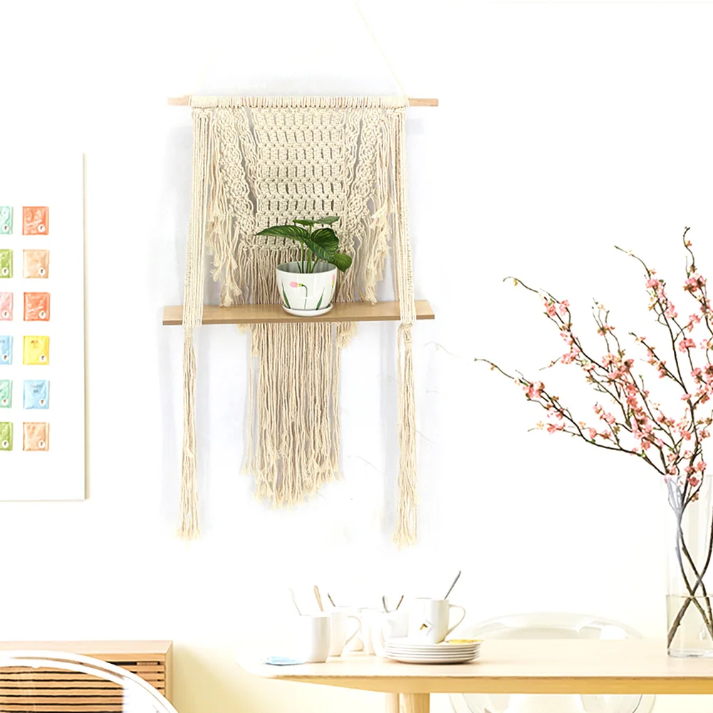 

Bohemian Cotton Rope Wood Macrame Wall Hanging Decor Shelf Single Tier Floating Hanging Shelf Organizer Hanger Home Decor gift
