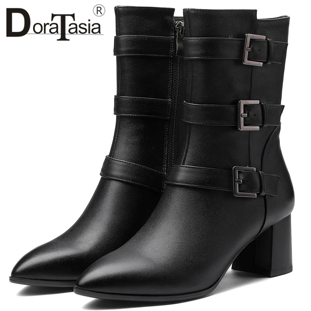 

DORATASIA New Large Size 33-43 Fashion Pointed Toe Boots Lady Genuine Leather Ankle Boots Women Party OL High Heels Shoes Woman
