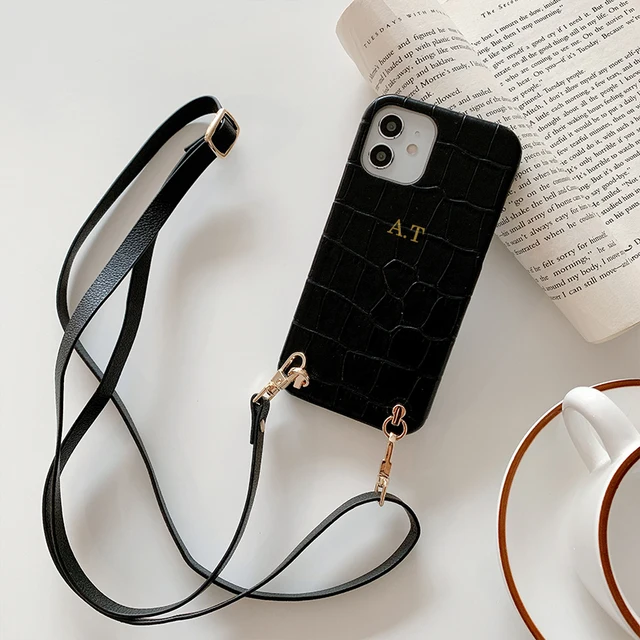 Custom Initial Name Crossbody Strap Cord Luxury Crocodile Leather Phone Case For iphone 11 12 13 Pro Max 7 8 Plus XR X XS Cover Crocodile-1