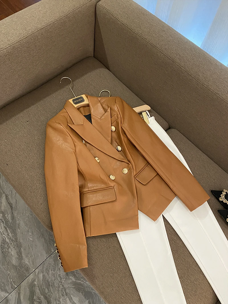 HIGH STREET Newest 2021 Designer Jacket Women's Lion Buttons Double  Breasted Slim Fit Synthetic Leather Blazer Chocolate Brown|Jackets| -  AliExpress