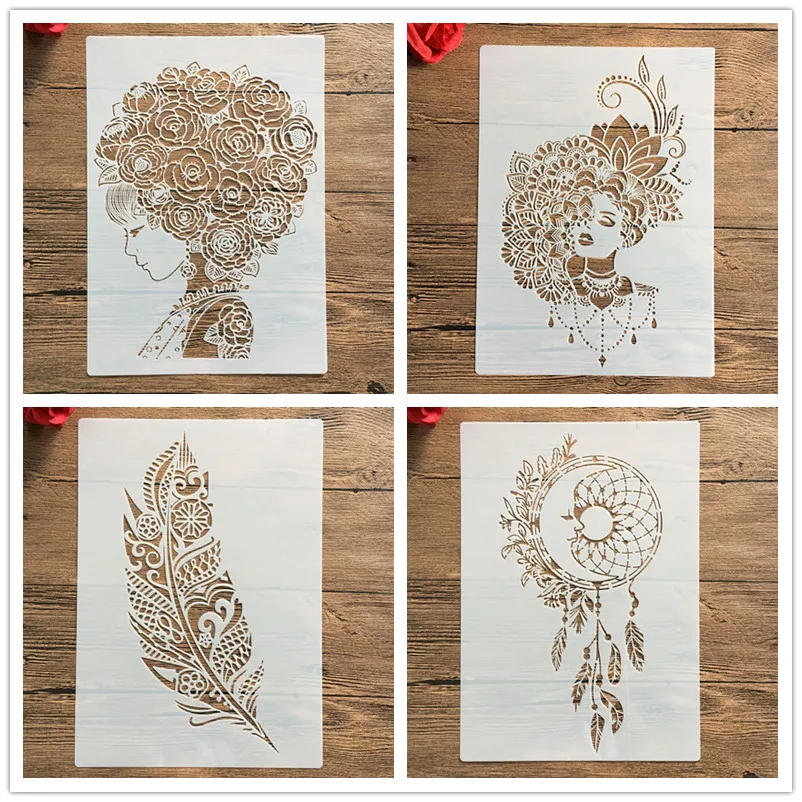 

4 шт./компл. А4 красивая девушка перо серьги Луна трафареты картина раскраска тиснение, Скрапбукинг альбом декоративный Шаблон трафарет