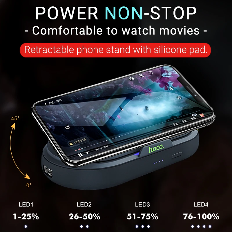 hoco повер банк 5000mAh беспроводная зарядка 5W USB выход 2А пауэр банк мобильный внешний аккумулятор настольный складной держатель ночник подсветка подставка для телефона лампа светильник портативная батарея 5000мач
