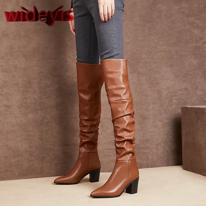 Genuine Leather boots women First layer leather over the knee high boots round head rubber bottom motorcycle boots women winter