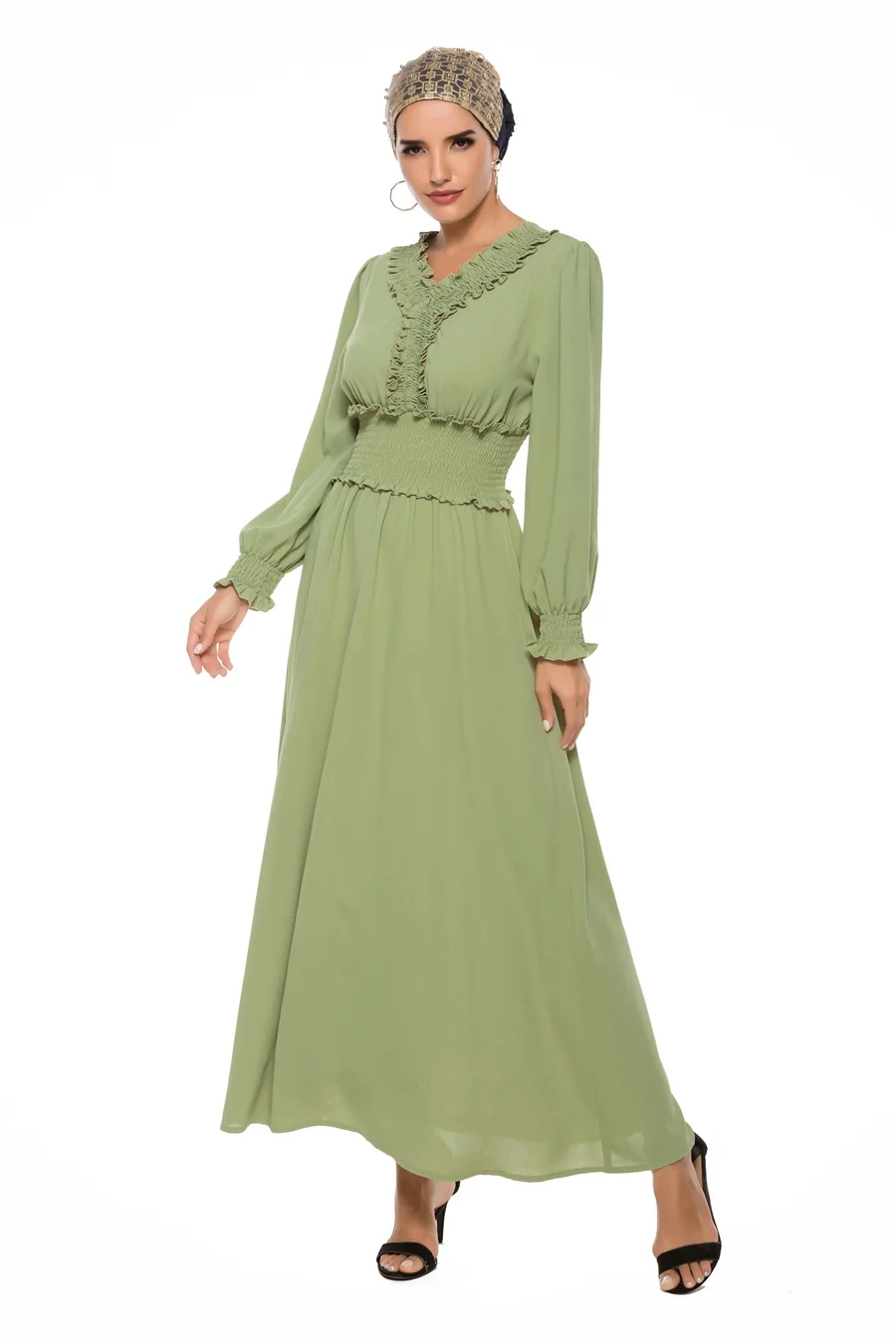 Green Dress Siskakia/платье с длинными рукавами; элегантное платье с v-образным вырезом; кружевное платье в стиле пэчворк; осеннее платье; Зеленый светильник - Цвет: Green Dress