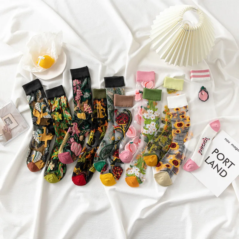 

New Fashion Harajuku High Quality Creative Crystal Silk Tide Socks Sunflowers Vines Flowers Animal Fruit Glass Silk Women SockS