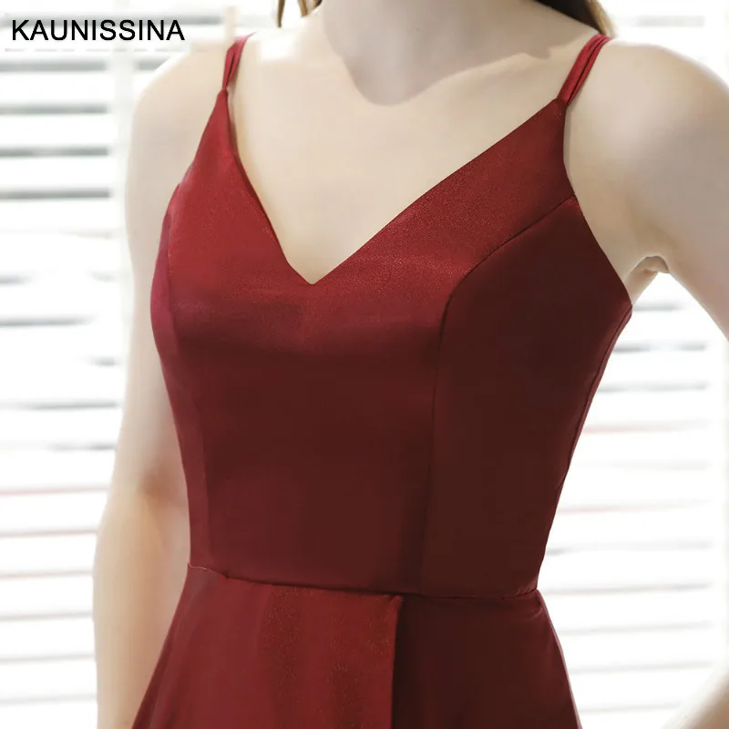 KAUNISSINA Vestido, красные длинные платья для выпускного вечера, сексуальные платья с высоким разрезом, глубоким v-образным вырезом, на бретелях, без рукавов, вечернее платье, а-силуэт, атласные вечерние платья