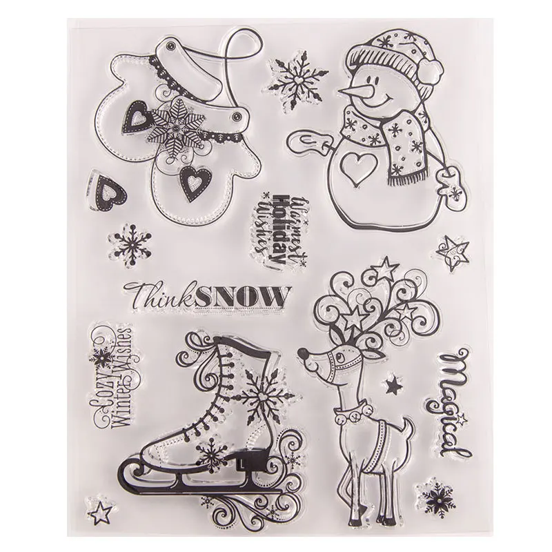 Рождественский снеговик, обувь для катания на коньках, олень, сердце, звезды, буквы, прозрачные штампы для скрапбукинга, открытки, рождественские резиновые штампы