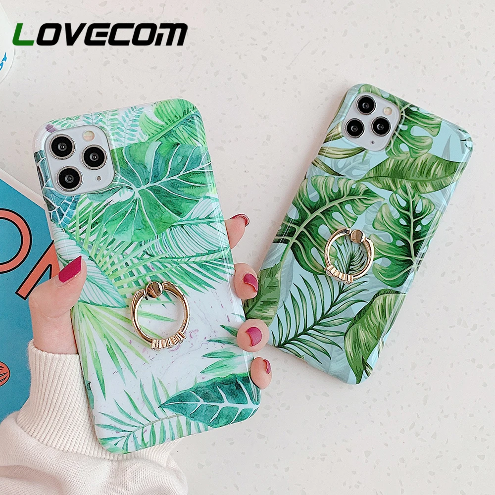 LOVECOM Green Banana Leaf Ring Stand Phone Case For iPhone 11 Pro Max XR X XS 7 8 6S Plus Soft IMD Back Cover | Мобильные телефоны