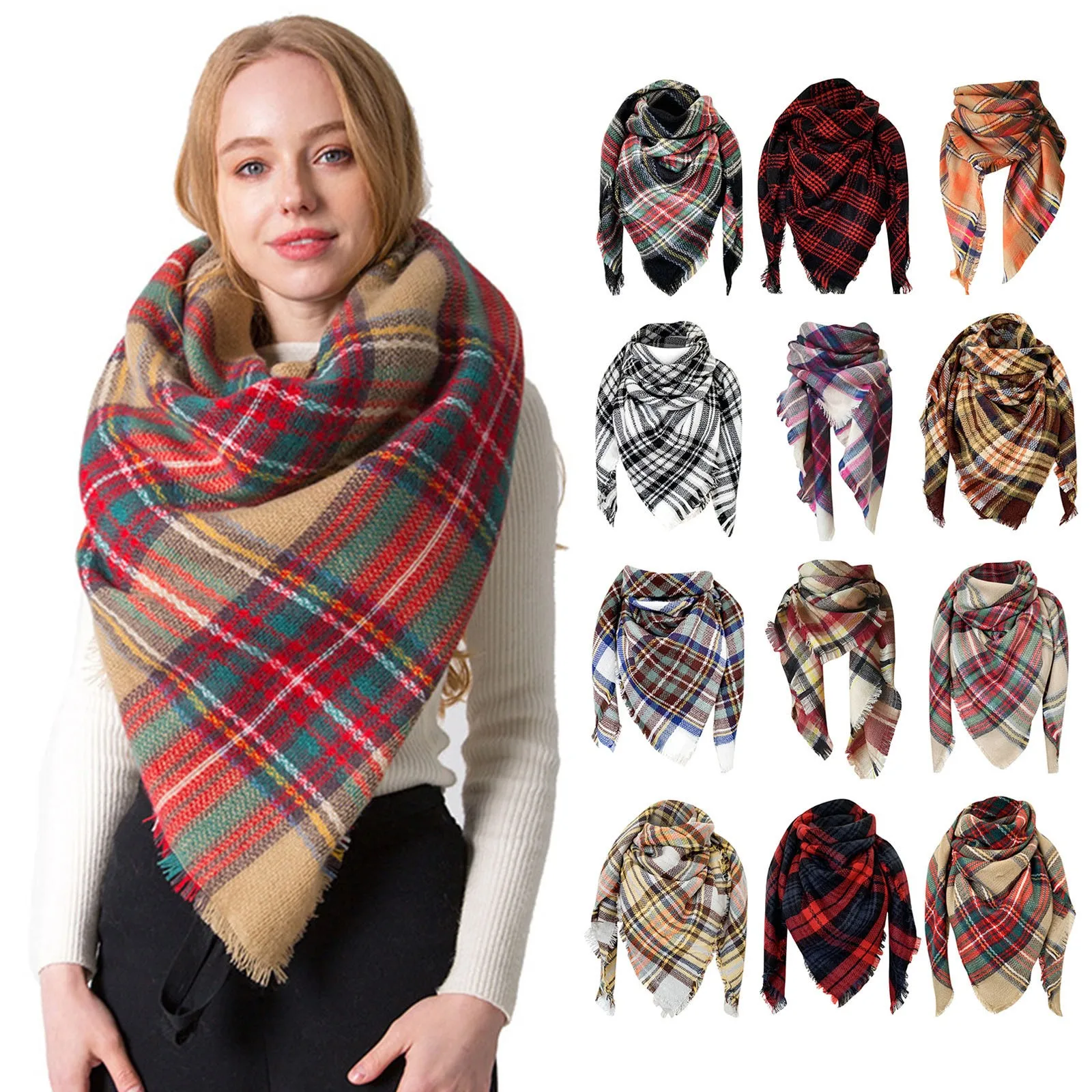 Retro Plaid Print Winter Scarf Women Warm Foulard Solid Scarves Korean