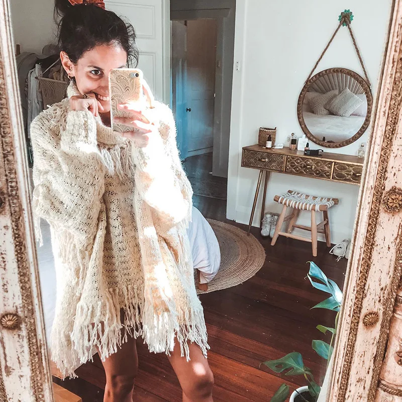 

New cross-border loose knitted sweaters high-collar fringed sweaters and sweaters in autumn and winter of 2019