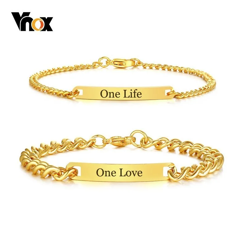 Vnox Gold Tone ID Tag Bracelet for Women Man Custom Free Engraving Name Love Date Stainless