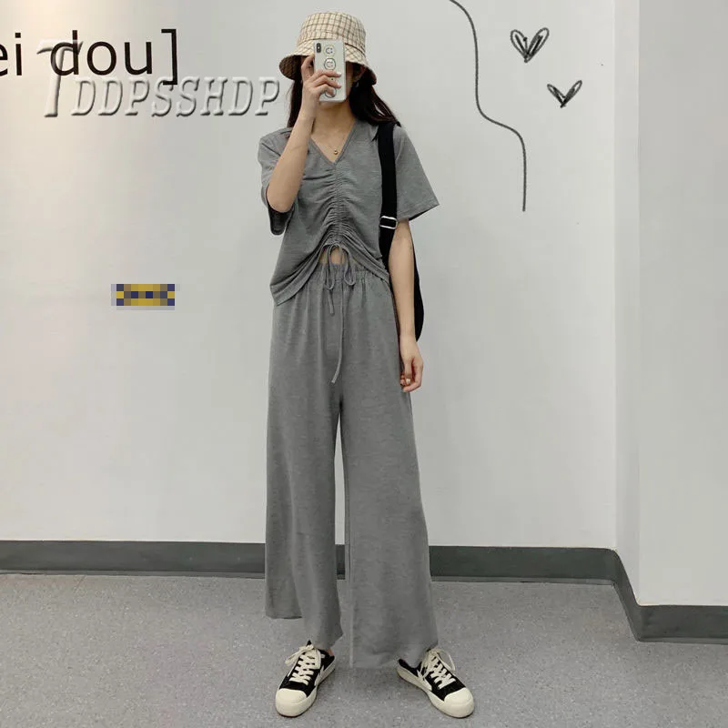 

2019 Plus Size Casual Women Sets Drawstring T Shirt and Wide Leg Pants Female Sets