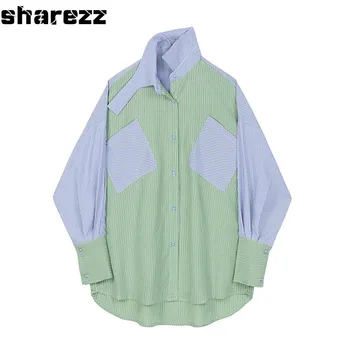 

Sharezz Spring 2020 Design Irregular Split Stripe Hit Collor Blouse New Lapel Long Sleeve Loose Fit Shirt Women Top Fashion Tide