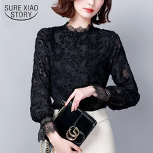 Новое поступление, Черная кружевная женская блузка, рубашка, осень, длинный рукав, одноцветная, размера плюс, женская одежда, Blusas Verano Mujer 6275 50