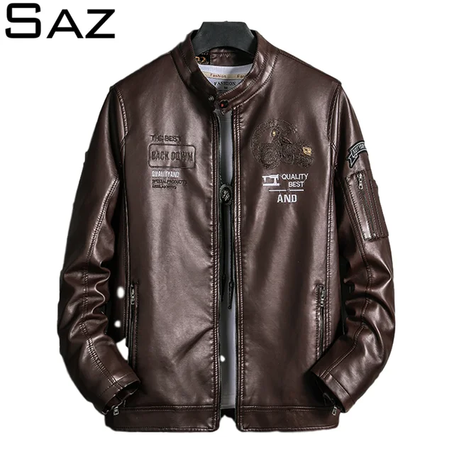 Saz Mens Leather Jacket Men Autumn Casual PU Motorcycle Jacket Warm