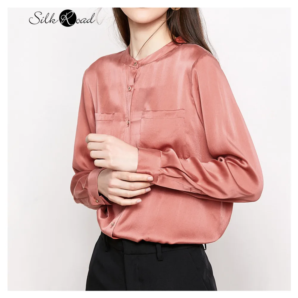 

Silviye Double pocket pure color silk satin shirt women's long sleeve mulberry silk fashion collar top spring