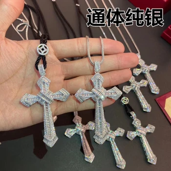 

925 Sterling Silver Domineering Tide Brand With European And American Ladder Diamond Cross Necklace Pendant Men And Women Couple