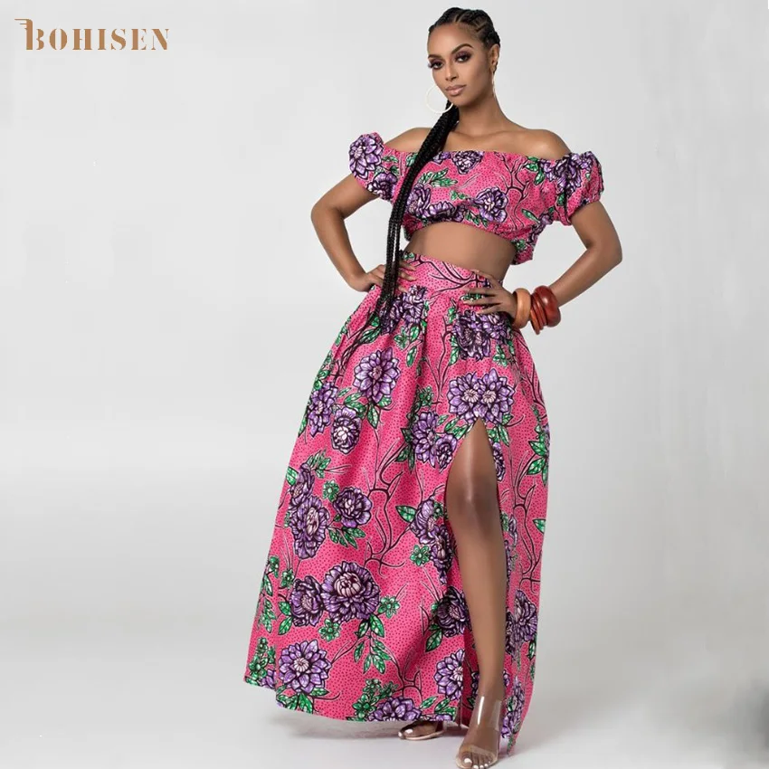 BOHISEN Dashiki African Dresses For Women Bazin Clothing Suits Short Sleeve African Women Clothes With Scraf Floral Print