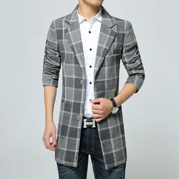 

2020 new men's woolen coat men autumn winter plus size Mid-length windbreaker Korean fashion slim plaid outerwear overcoat 6XL