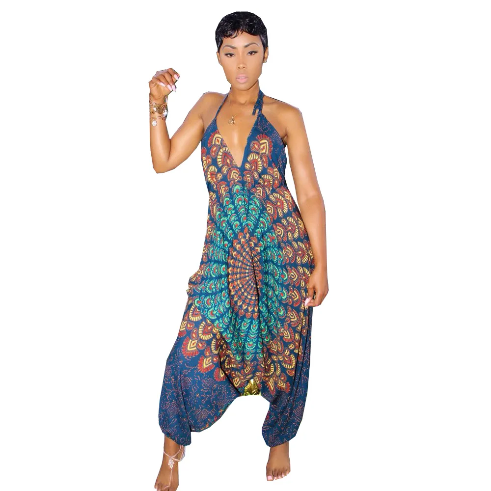 

Women Sexy Club Sleeveless Jumpsuits Deep V Neck Spaghetti Straps Flora Print Rompers Casual Backless Harem Jumpsuit